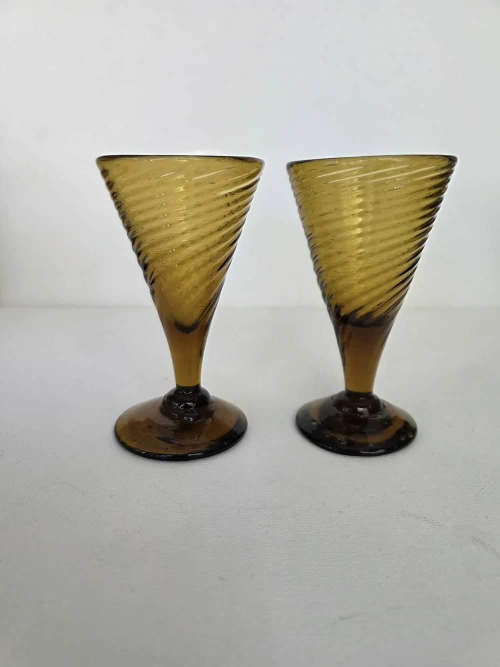 Vintage handblown Amber Swirl Stemmed Glasses - shot Glass Pair